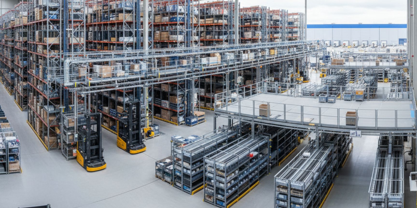 Wide-angle view of a modern, bright logistics hall with high pallet racks filled with various goods. You can see forklifts operating in the aisles and in the foreground a mezzanine with shelving racks and picking areas. The ceiling is equipped with large skylights that let in plenty of natural light.